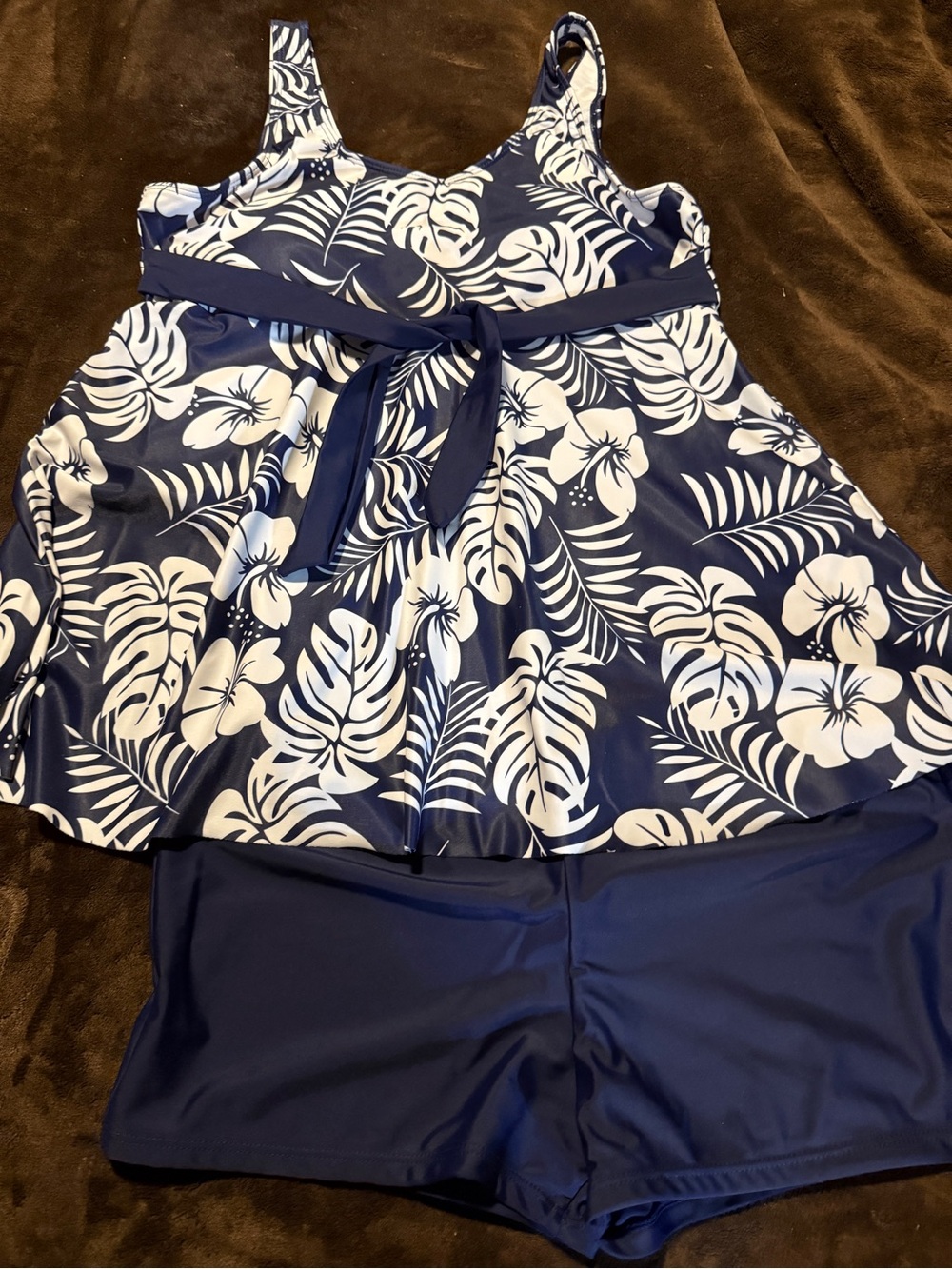 SHEIN Navy and White Tropical Tankini Swim Set